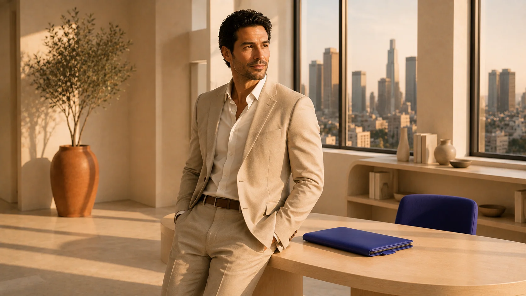 A Florida real estate broker standing outside a brokerage office